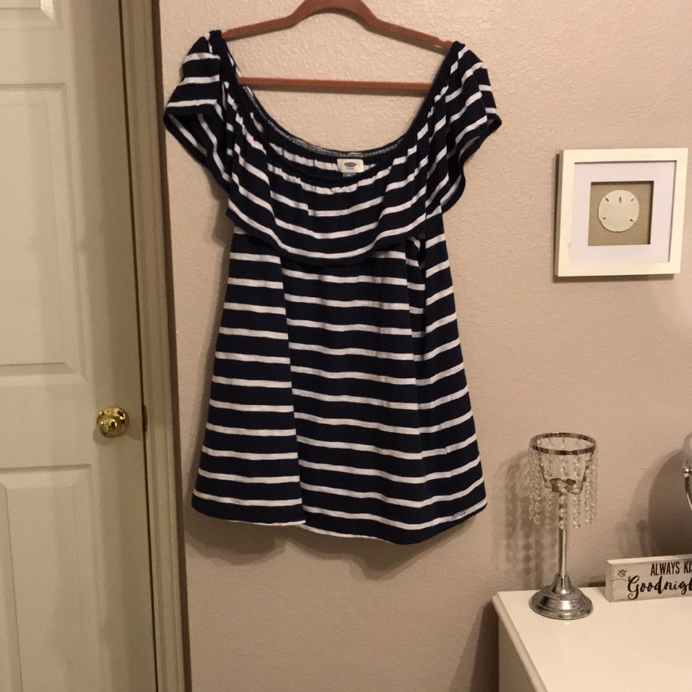 Navy blue and white striped off the shoulder shirt